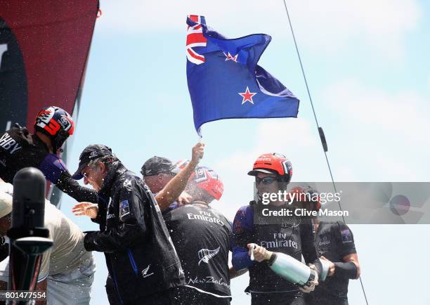 Peter Burling of Emirates Team New Zealand celebrates as they win race 9 against Oracle Team USA to win the America's Cup on day 5 of the America's...