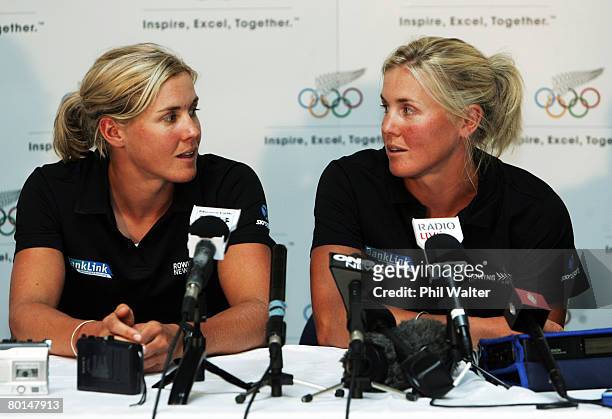 Women's Double Scullers Caroline Evers-Swindell and Georgina Evers-Swindell chat during the press conference announcing the New Zealand rowing team...