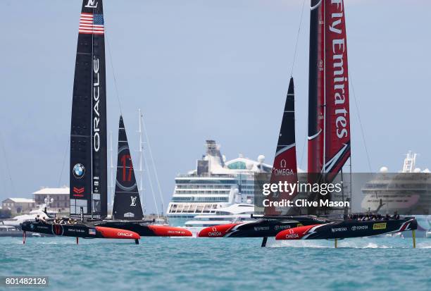 Emirates Team New Zealand helmed by Peter Burling in action racing during race 9 against Oracle Team USA skippered by Jimmy Spithill on day 5 of the...