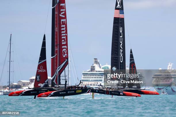 Emirates Team New Zealand helmed by Peter Burling in action racing during race 9 against Oracle Team USA skippered by Jimmy Spithill on day 5 of the...