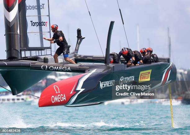 Emirates Team New Zealand skippered Dean Barker in action during race 9 on day 5 of the America's Cup Match Presented by Louis Vuitton on June 26,...