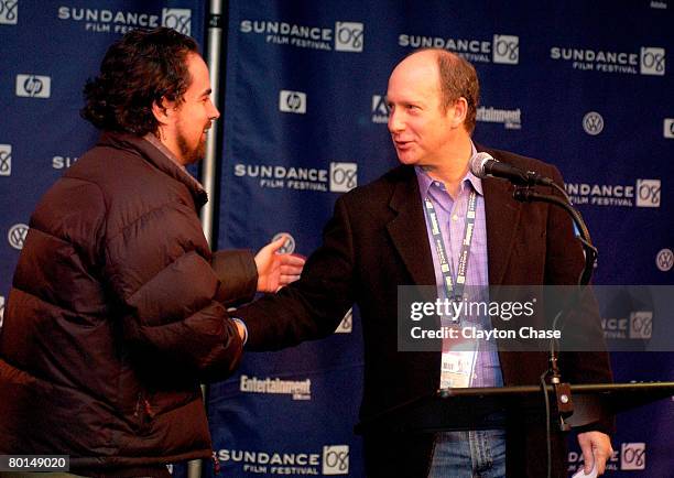 Alfred P. Sloan award recipient Alex Rivera and Doron Weber at the Alfred P. Sloan Foundation Reception at the Sundance House during 2008 Sundance...