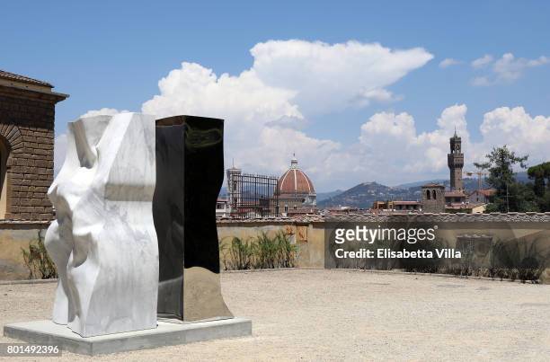 Symbiosis' sculpture is shown as contemporary artist Helidon Xhixha opens his new exhibition of sculpture at Boboli Garden on June 26, 2017 in...