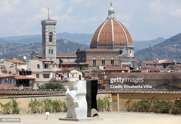 Symbiosis' sculpture is shown as contemporary artist Helidon Xhixha opens his new exhibition of sculpture at Boboli Garden on June 26, 2017 in...