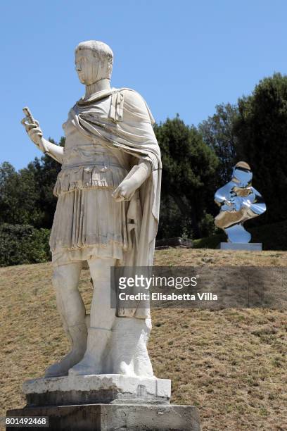 Equilibrium' sculpture is shown as contemporary artist Helidon Xhixha opens his new exhibition of sculpture at Boboli Garden on June 26, 2017 in...