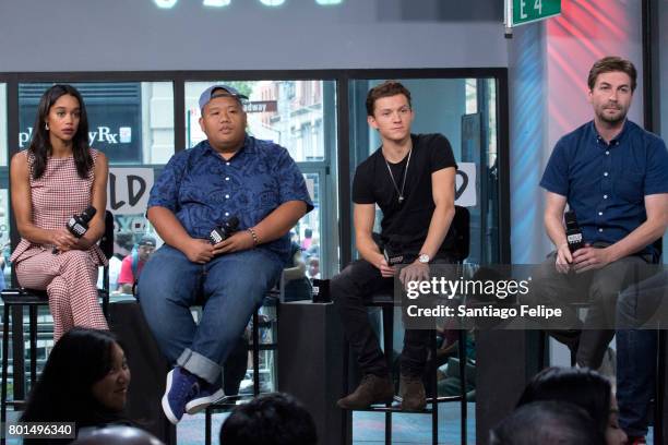 Laura Harrier, Jacob Batalon, Tom Halland and Jon Watts attend Build Presents to discuss the flim "Spider-Man: Homecoming" at Build Studio on June...