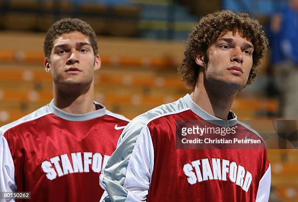 Brothers Robin Lopez and Brook Lopez of the Stanford Cardinal warm up before the college basketball game against the UCLA Bruins at Pauley Pavilion...