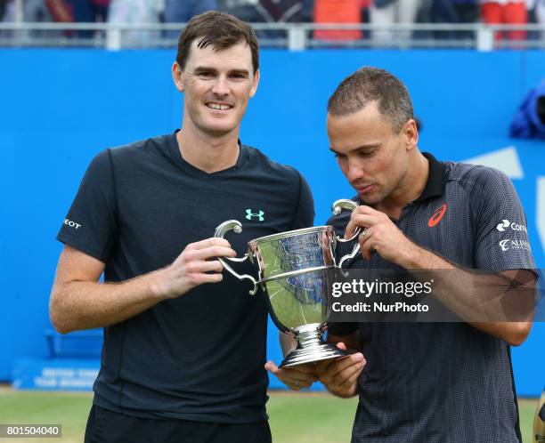 Jamie Murray Bruno Soares with Trophy after during Men's Doubles Final match on the day seven of the ATP Aegon Championships at the Queen's Club in...