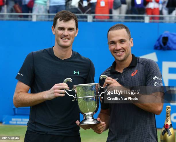 Jamie Murray Bruno Soares with Trophy after during Men's Doubles Final match on the day seven of the ATP Aegon Championships at the Queen's Club in...