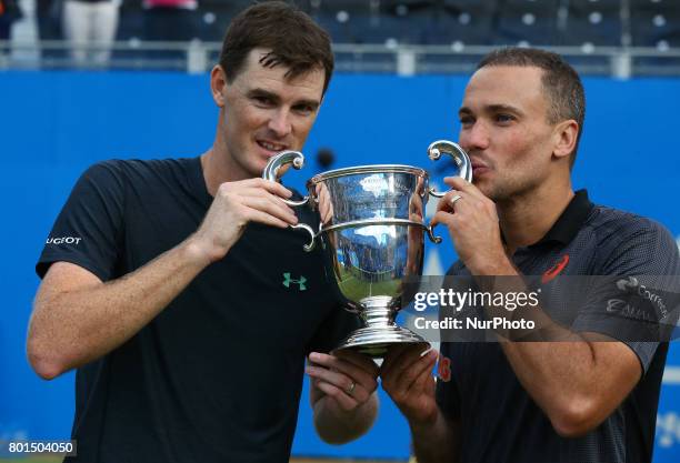 Jamie Murray Bruno Soares with Trophy after during Men's Doubles Final match on the day seven of the ATP Aegon Championships at the Queen's Club in...