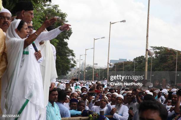 Mamata Banerjee chief Minister of West Bengal join and wishes to Indian Muslims community after prayers during Eid al-Fitr at Red Road on June...