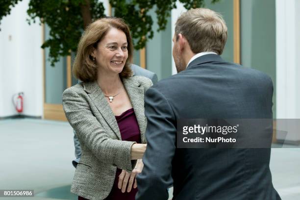 Leading candidate for the federal elections of the Free Democratic Party Christian Lindner greets Family Minister Katarina Barley at the...