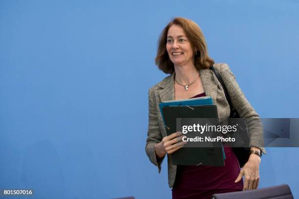 German Family Minister Katarina Barley leaves a news conference regarding the evolution of the quote of women in leading positions in the private...