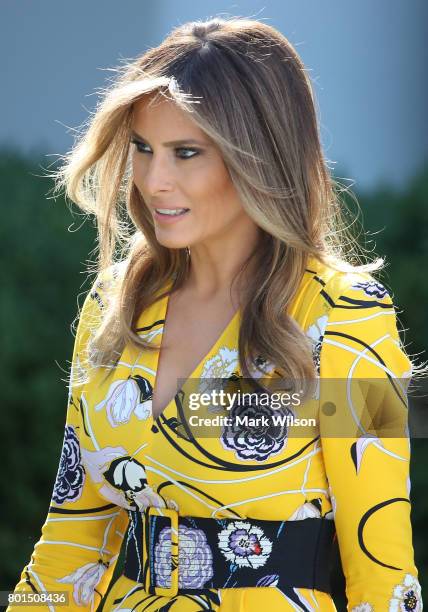 First lady Melania Trump attends a joint statement between her huband U.S. President Donald Trump and Indian Prime Minister Narendra Modi in the Rose...