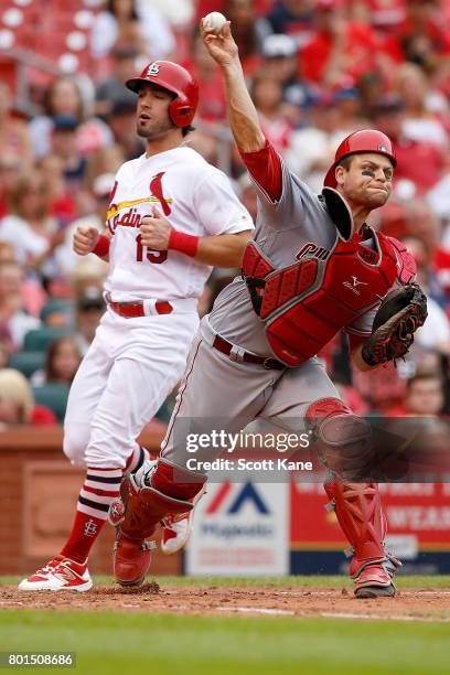 Devin Mesoraco of the Cincinnati Reds throws to first for a double play after making an out against Randal Grichuk of the St. Louis Cardinals during...