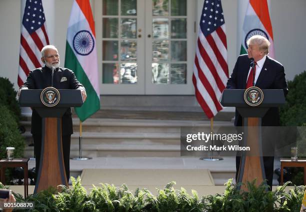 President Donald Trump and Indian Prime Minister Narendra Modi deliver joint statements in the Rose Garden of the White House June 26, 2017 in...