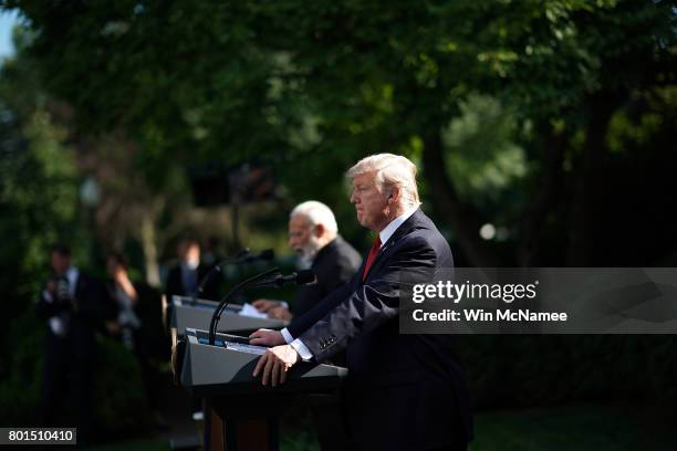 President Donald Trump and Indian Prime Minister Narendra Modi deliver joint statements in the Rose Garden of the White House June 26, 2017 in...