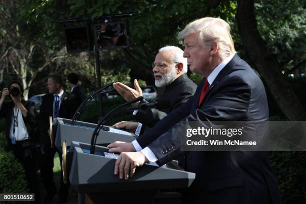 President Donald Trump and Indian Prime Minister Narendra Modi deliver joint statements in the Rose Garden of the White House June 26, 2017 in...