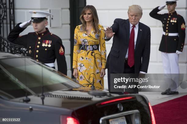 President Donald Trump and First Lady Melania Trump bid farewell to Indian Prime Minister Narendra Modi on the South Lawn of the White House in...