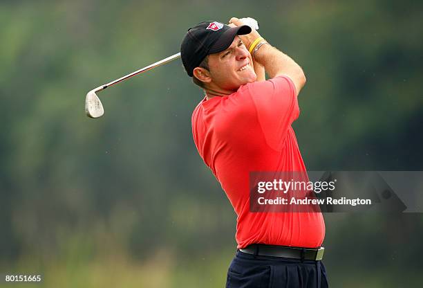 Jose Manuel Lara of Spain hits his second shot on the second hole during the second round of the Maybank Malaysian Open held at the Kota Permai Golf...