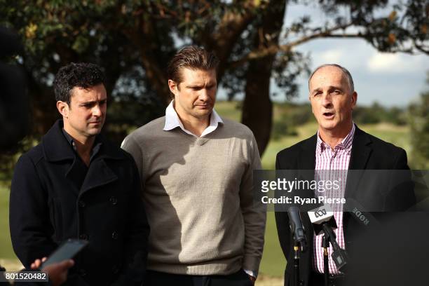 Australian Cricketers Ed Cowan and Shane Watson and ACA President Greg Dyer speak to the media during the Australian Cricketers' Association Golf Day...