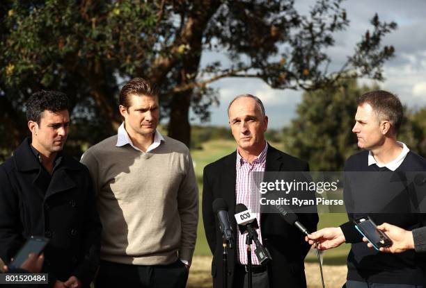 Australian Cricketers Ed Cowan, Shane Watson and Simon Katich along with ACA President Greg Dyer speak to the media during the Australian Cricketers'...