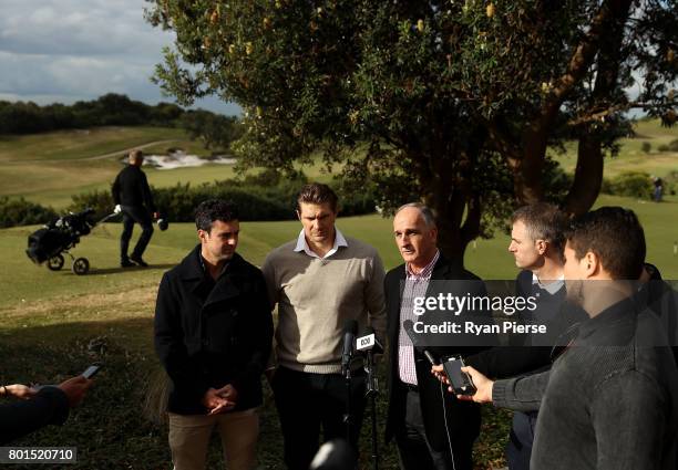 Australian Cricketers Ed Cowan, Shane Watson and Simon Katich along with ACA President Greg Dyer speak to the media during the Australian Cricketers'...