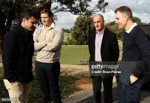Australian Cricketers Ed Cowan, Shane Watson and Simon Katich along with ACA President Greg Dyer speak to the media during the Australian Cricketers'...