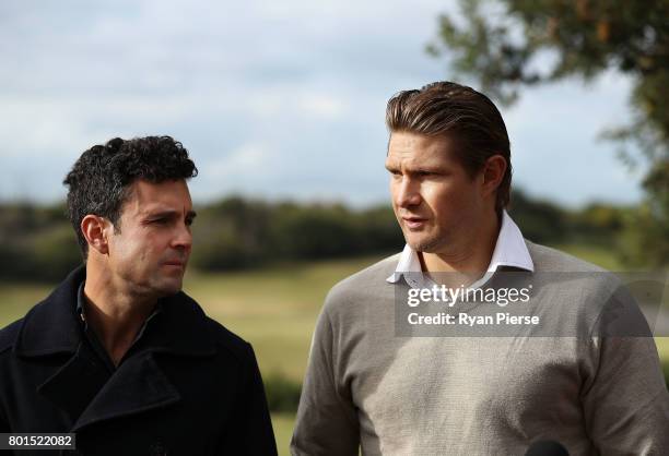 Australian Cricketers Ed Cowan and Shane Watson speak to the media during the Australian Cricketers' Association Golf Day at New South Wales Golf...