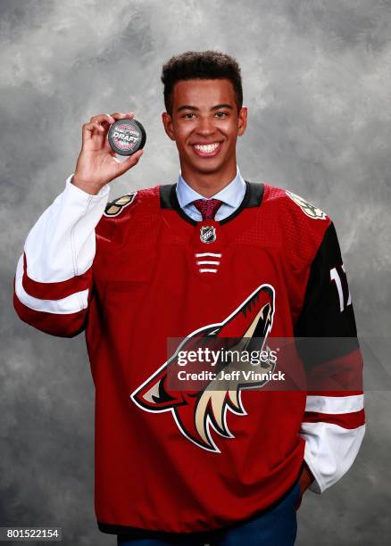 Pierre-Olivier Joseph, 23rd overall pick of the Arizona Coyotes, poses for a portrait during Round One of the 2017 NHL Draft at United Center on June...