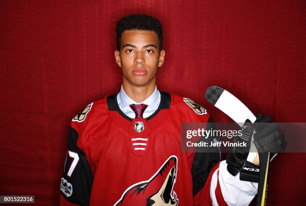 Pierre-Olivier Joseph, 23rd overall pick of the Arizona Coyotes, poses for a portrait during Round One of the 2017 NHL Draft at United Center on June...