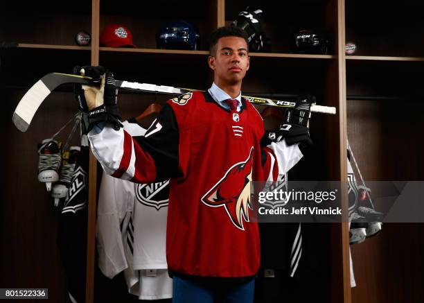 Pierre-Olivier Joseph, 23rd overall pick of the Arizona Coyotes, poses for a portrait during Round One of the 2017 NHL Draft at United Center on June...