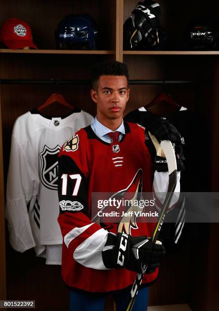 Pierre-Olivier Joseph, 23rd overall pick of the Arizona Coyotes, poses for a portrait during Round One of the 2017 NHL Draft at United Center on June...