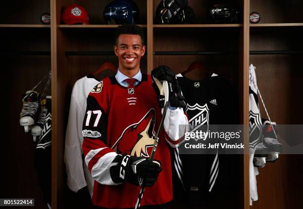 Pierre-Olivier Joseph, 23rd overall pick of the Arizona Coyotes, poses for a portrait during Round One of the 2017 NHL Draft at United Center on June...