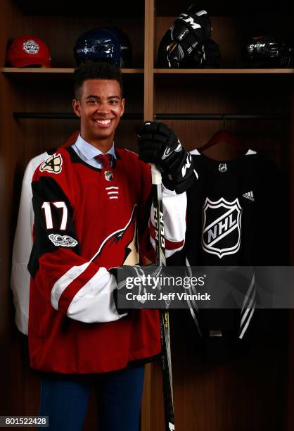 Pierre-Olivier Joseph, 23rd overall pick of the Arizona Coyotes, poses for a portrait during Round One of the 2017 NHL Draft at United Center on June...