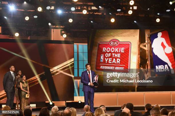 Rookie of The Year Winner, Malcolm Brogdon speaks on stage during the 2017 NBA Awards Live On TNT on June 26, 2017 in New York City. 27111_001