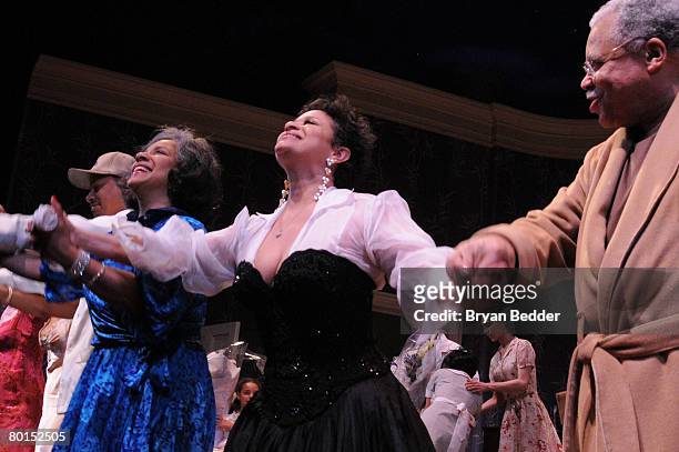Actors Terrence Howard, Phylicia Rashad,director Debbie Allen and James Earl Jones appear onstage during curtain call at the opening night of "Cat On...