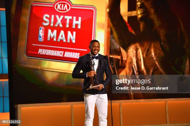 Eric Gordon of the Houston Rockets wins the Sixth Man of the year award during the 2017 NBA Awards Show on June 26, 2017 at Basketball City in New...