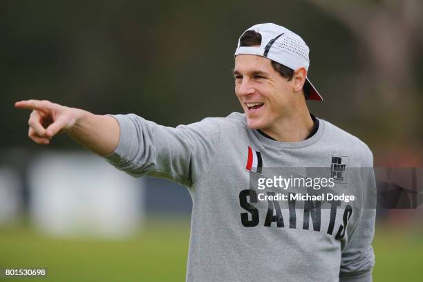 Jake Carlisle gestures during a St Kilda Saints AFL training session at Linen House Oval on June 27, 2017 in Melbourne, Australia.