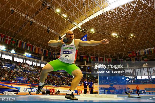 Scott Martin of Australia competes in the Mens Shot Put Qualification at the 12th IAAF World Indoor Championships at the Palau Lluis Puig on March 7,...