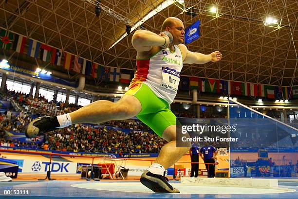 Scott Martin of Australia competes in the Mens Shot Put Qualification at the 12th IAAF World Indoor Championships at the Palau Lluis Puig on March 7,...