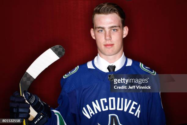 Kole Lind, 33rd overall pick of the Vancouver Canucks, poses for a portrait during the 2017 NHL Draft at United Center on June 24, 2017 in Chicago,...