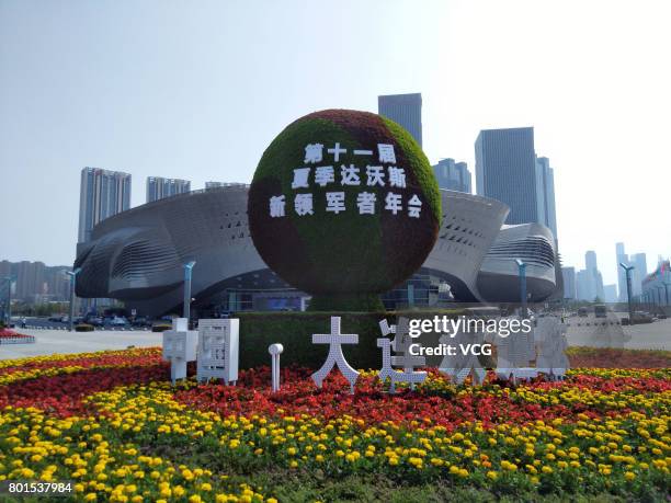 Symbol of the 11th Annual Meeting of the New Champions is pictured ahead of the meeting at Dalian International Conference Center on June 26, 2017 in...