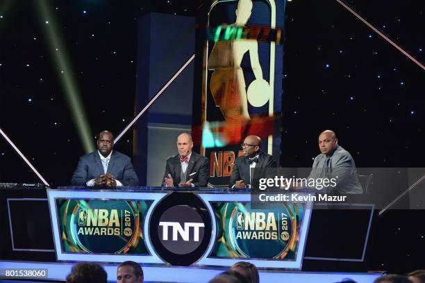 Shaquille O'Neal, Ernie Johnson, Kenny Smith, and Charles Barkley speak onstage during the 2017 NBA Awards Live on TNT on June 26, 2017 in New York,...