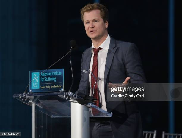 Comedian Jonathan Mangum speaks onstage during the American Institute for Stuttering 11th Annual Freeing Voices Changing Lives Benefit Gala at...