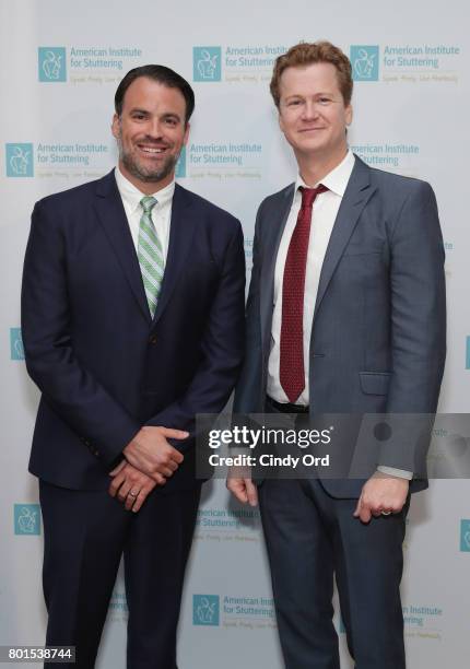 American Institute for Stuttering Board of Directors Chairman Nolan Russo and comedian Jonathan Mangum attend the American Institute for Stuttering...