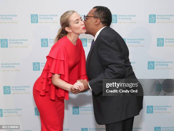 Freeing Voices Changing Lives Benefit Gala Host Emily Blunt and American Institute for Stuttering Board of Directors Clarence Page attend the...