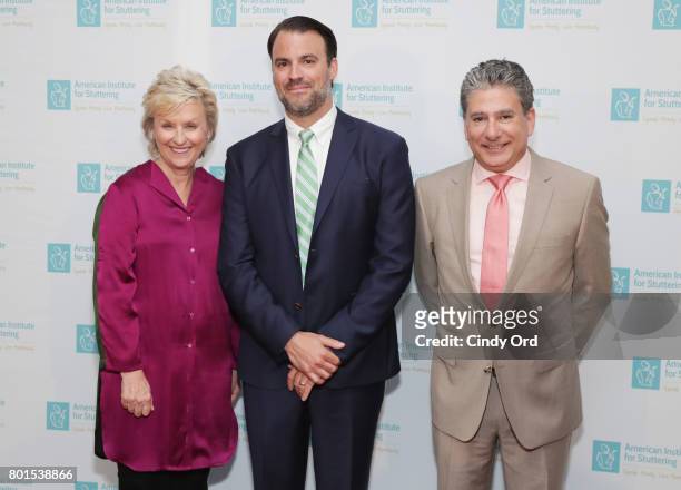 Tina Brown and American Institute for Stuttering Board of Directors Nolan Russo and Aaron Graff attend the American Institute for Stuttering 11th...