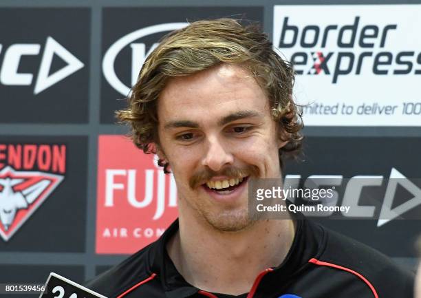 Joe Daniher speaks to the media during a press conference ahead of the Essendon Bombers AFL training session at the Essendon Bombers Football Club on...
