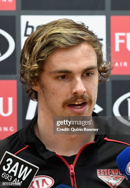 Joe Daniher speaks to the media during a press conference ahead of the Essendon Bombers AFL training session at the Essendon Bombers Football Club on...